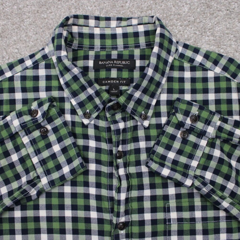 Banana Republic Luxe Flannel‎ Shirt Mens Large Green/Black Camden Fit Cotton L/S